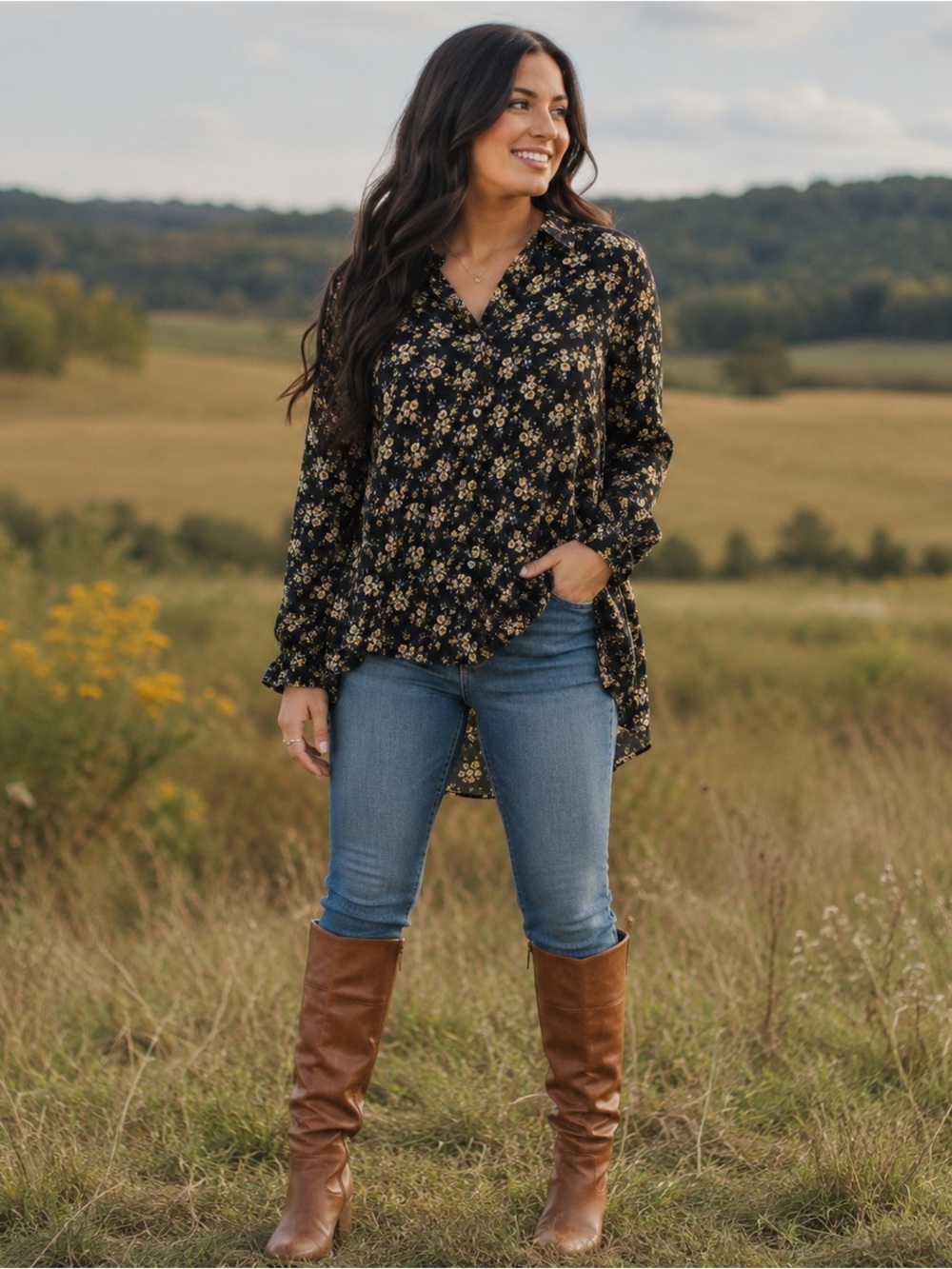 Umgee high/low Black Floral Button-Front Top with Yellow ditsy floral